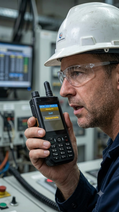 Operario con radio PTT en planta industrial